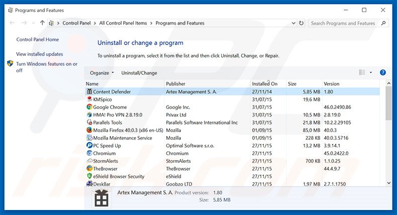 Disinstallare Serpens attraverso il pannello di controllo.