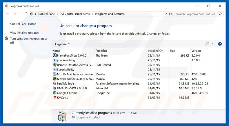 Disinstallare programmi potenzialmente indesiderati attraverso il pannello di contrrollo.