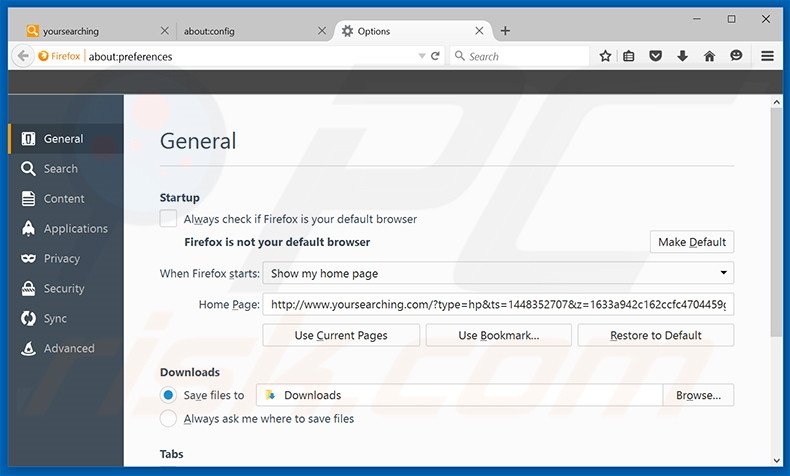 Cambia la tua homepage yoursearching.com in Mozilla Firefox