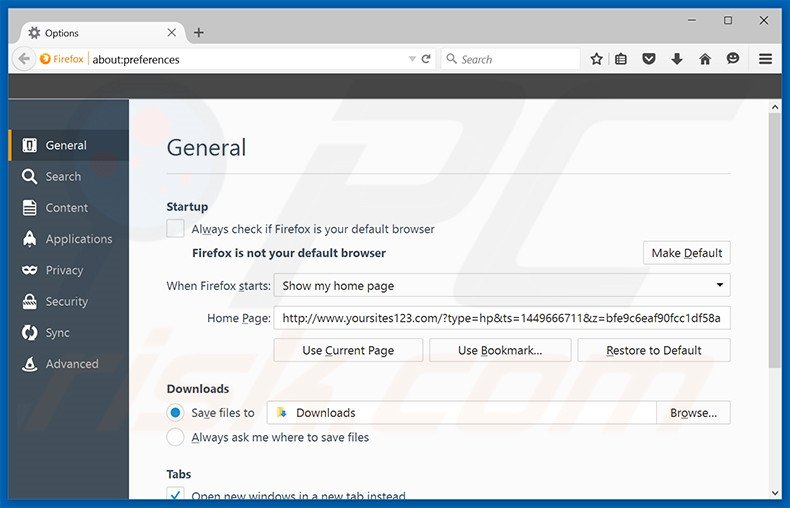 Cambia la tua homepage yoursites123.com in Mozilla Firefox 