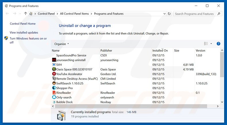 Disinstallare programmi potenzialmente indesiderati attraverso il pannello di controllo.