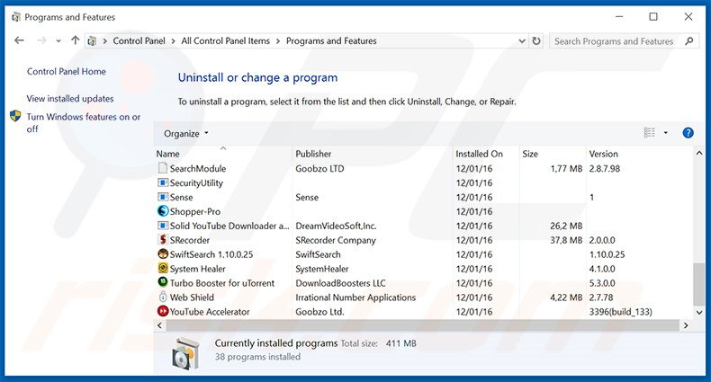 Disinstallare programmi potenzialmente indesiderati attraverso il pannello di controllo.