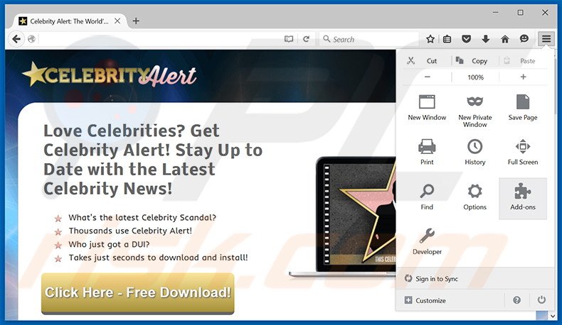 Rimuovere Celebrity Alert adware da  Mozilla Firefox step 1