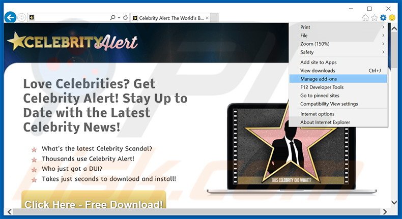 Rimuovere Celebrity Alert adware da  Internet Explorer step 1