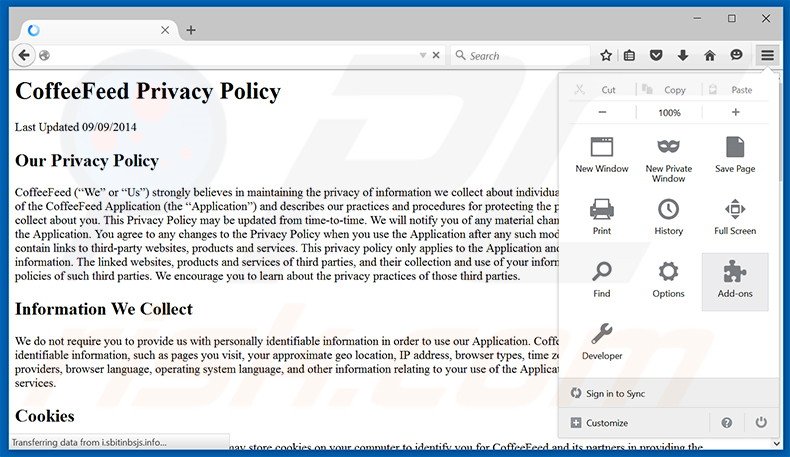 Rimuovere CoffeeFeed adware da Mozilla Firefox step 1