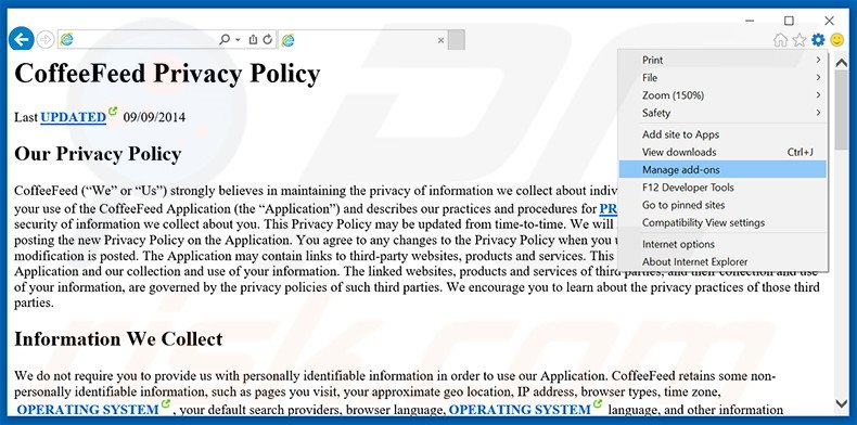 Rimuovere CoffeeFeed adware da Internet Explorer step 1