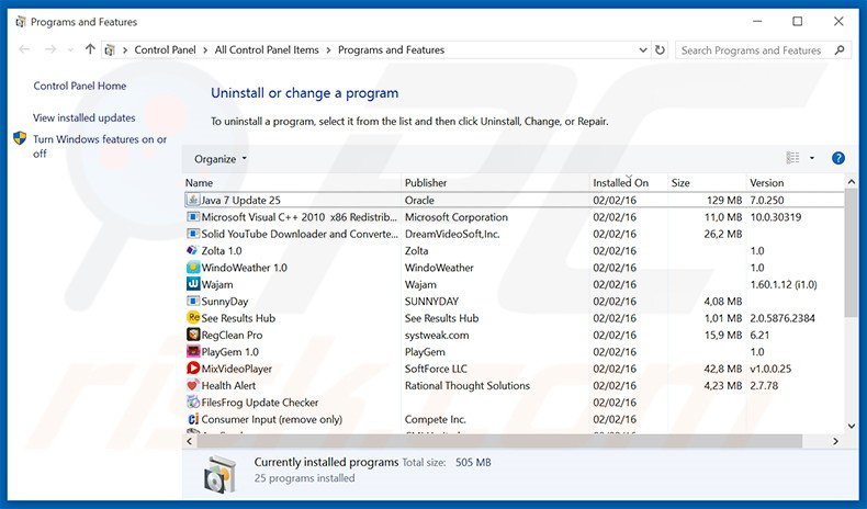 Disinstallare Facts Right attraverso il pannello di controllo.