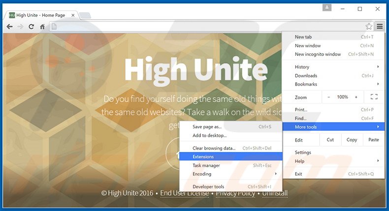 Rimuovere High Unite adware da  Google Chrome step 1
