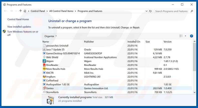 Disinstallare High Unite attraverso il pannello di controllo.