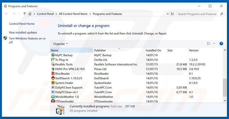 Disinstallare programmi potenzialmente indesiderati attraverso il pannello di controllo.