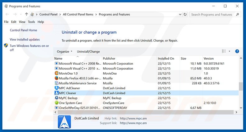 Disinstallare MPC Cleaner attraverso il pannello di controllo.