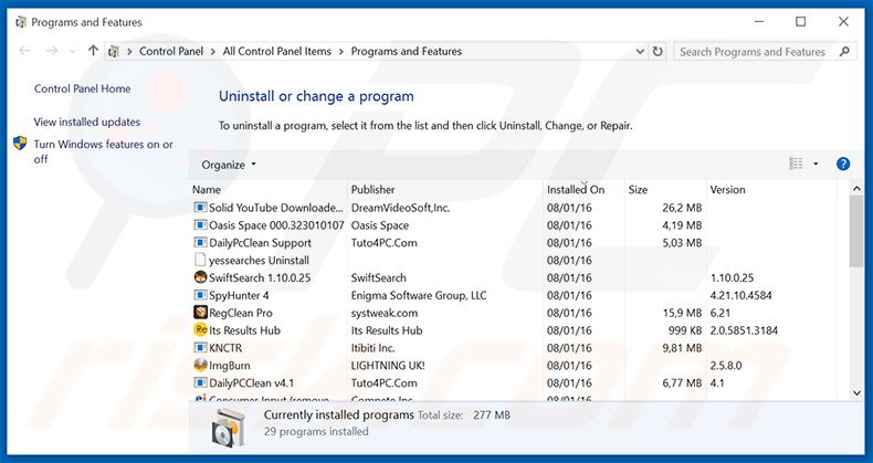 Disinstallare programmi potenzialmente indesiderati attraverso il pannello di controllo.