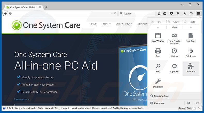 Removing One System Care ads from Mozilla Firefox step 1