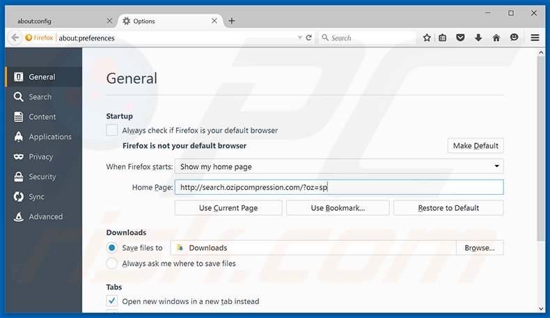 Cambia la tua homepage search.ozipcompression.com in Mozilla Firefox 