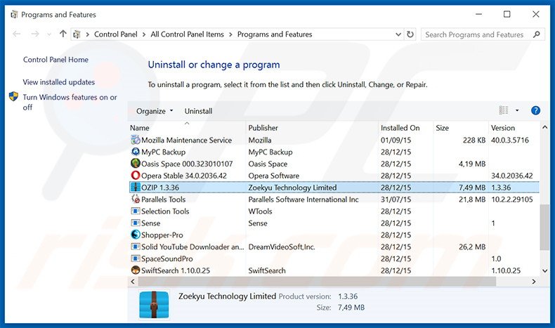 Disinstallare search.ozipcompression.com attraverso il pannello di controllo.