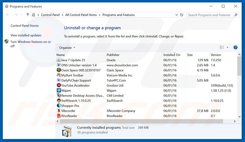 Disinstallare i PUP attraverso il pannello di controllo.