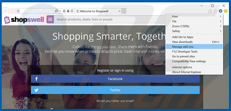 Rimuovere Shopswell adware da Internet Explorer step 1