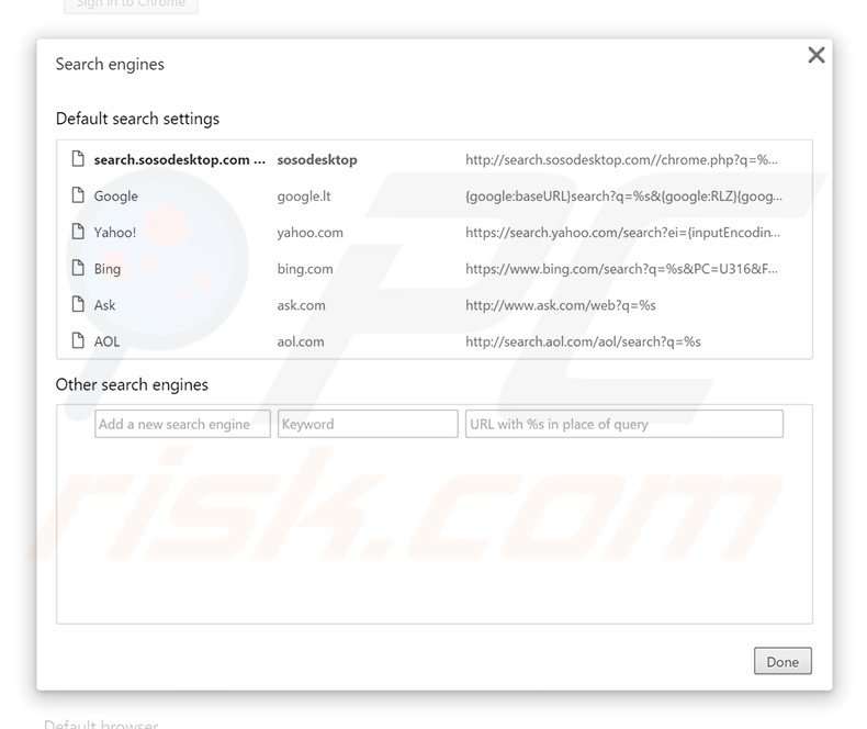 Cambiare il motore di ricerca predefinito search.sosodesktop.com in Google Chrome 