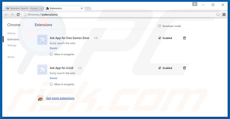 Rimuovere Splendor Search adware da Google Chrome step 2