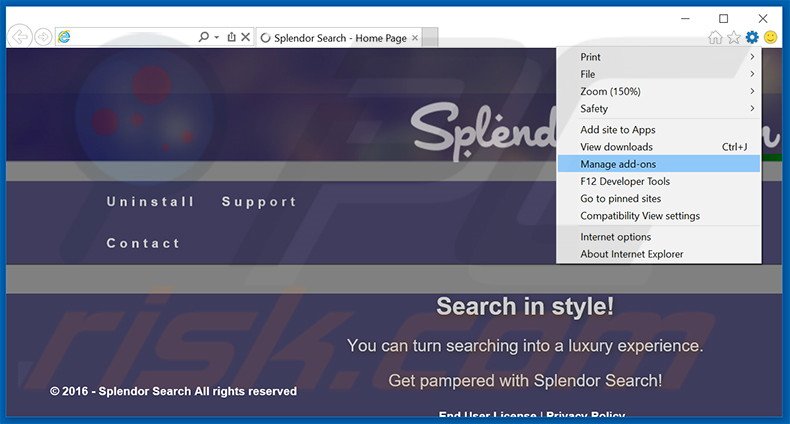 Rimuovere Splendor Search adware da Internet Explorer step 1