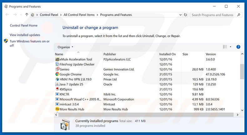 Disinstallare programmi potenzialmente indesiderati attraverso il pannello di controllo.