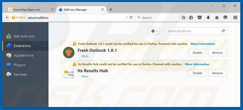 Rimuovere SunnyDay-Apps adware da Mozilla Firefox step 2
