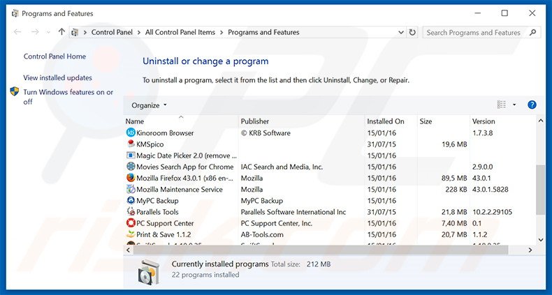 Disinstallare programmi potenzialmente indesiderati attraverso il pannello di controllo.