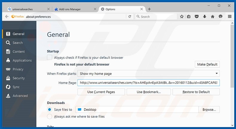 Cambia la tua homepage universalsearches.com in Mozilla Firefox 