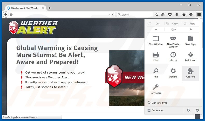 Rimuovere Weather Alert adware da Mozilla Firefox step 1