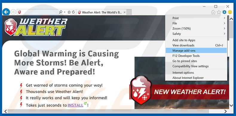 Rimuovere Weather Alert adware da Internet Explorer step 1