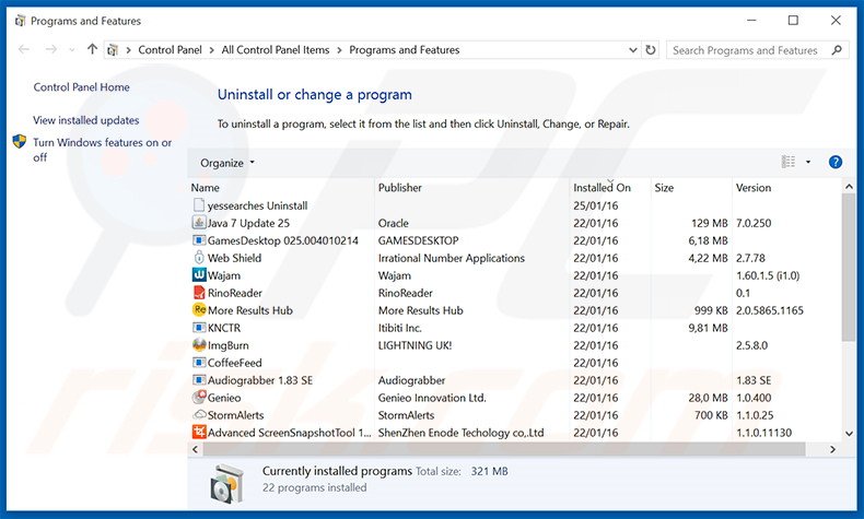 Disinstallare programmi potenzialmente indesiderati attraverso il pannello di controllo