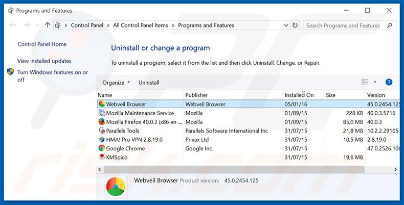 Disinstallare WebVeil attraverso il pannello di controllo.