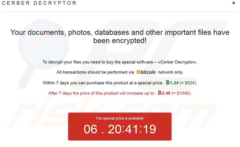 Warning message stating that files have been encrypted by Cerber ransomware
