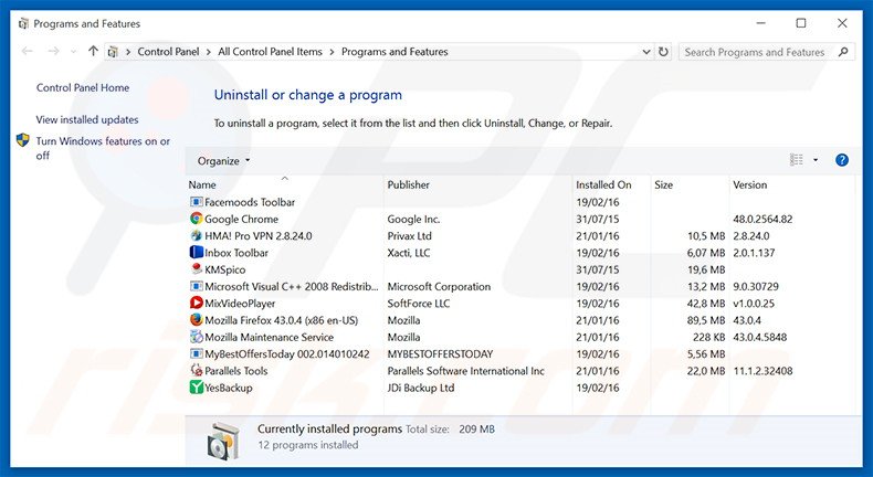 Disinstallare CoronaBorealis attraverso il pannello di controllo.