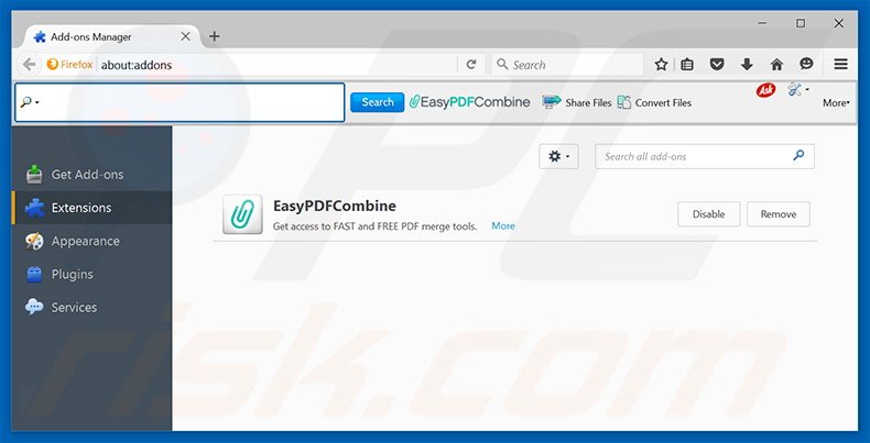 Removing EasyPDFCombine related Mozilla Firefox extensions