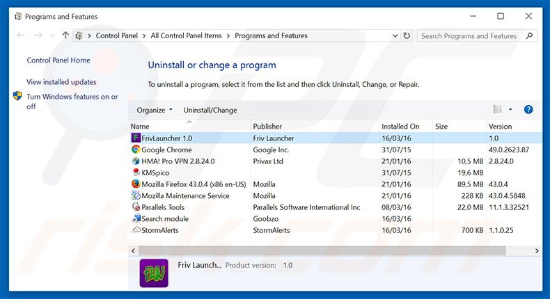 Disinstallare Friv Launcher attraverso il pannello di controllo.