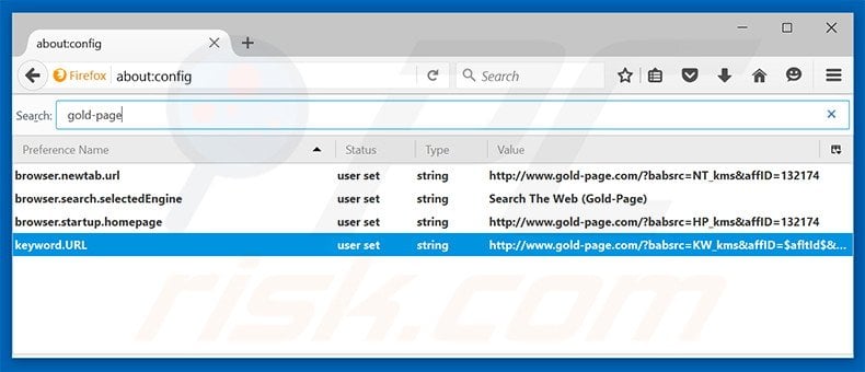 Cambia il tuo motore di ricerca predefinito gold-page.com in Mozilla Firefox