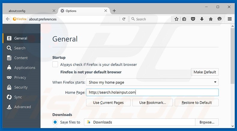 Cambia la tua homepage search.holainput.com in Mozilla Firefox
