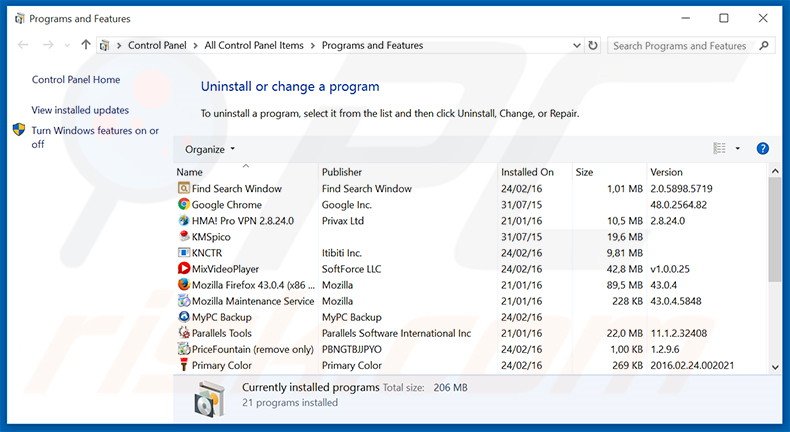 Disinstallare Next Program attraverso il pannello di controllo.