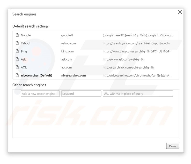 Cambiare il motore di ricerca predefinito nicesearches.com in Google Chrome 