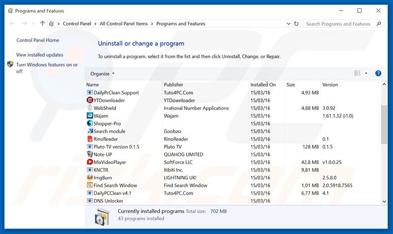 Disinstallare applicazioni potenzialmente indesiderate dal pannello di controllo