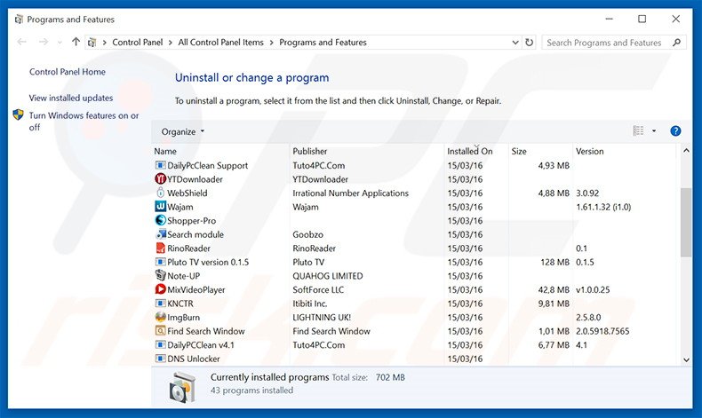 Disinstallare applicazioni potenzialmente indesiderate dal pannello di controllo