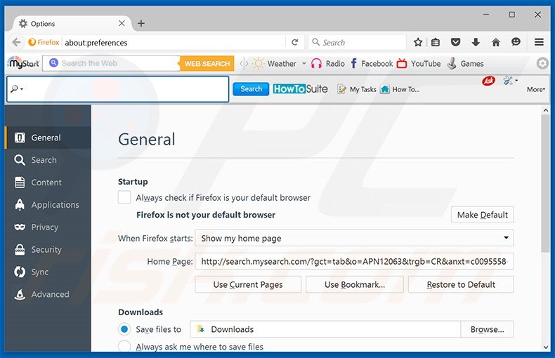 Cambia la tua homepage search.mysearch.com in Mozilla Firefox