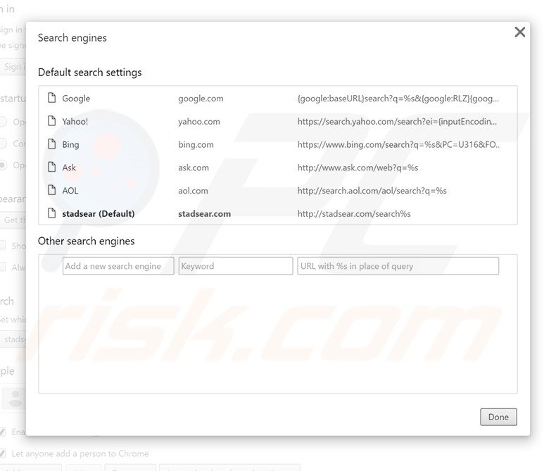 Removing stadsear.com from Google Chrome default search engine