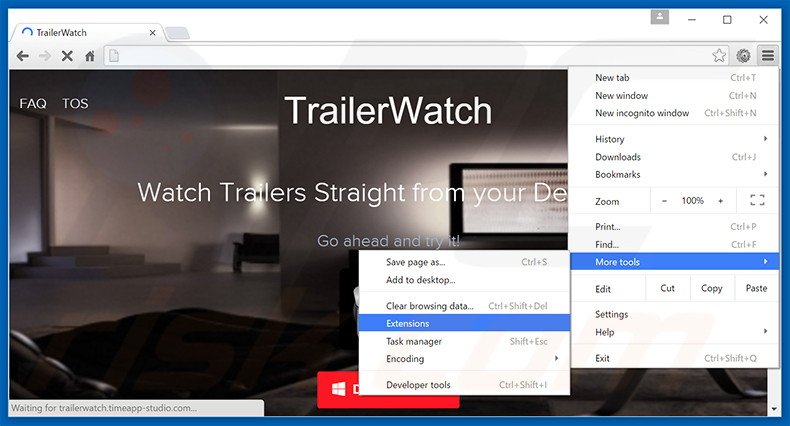 Rimuovere TrailerWatch adware da Google Chrome step 1