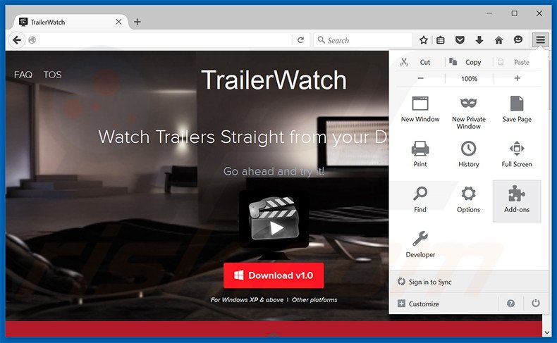 Rimuovere TrailerWatch adware da Mozilla Firefox step 1