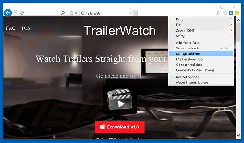 Rimuovere TrailerWatch adware da Internet Explorer step 1