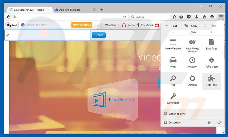 Rimuovere ClearScreen Player adware da Mozilla Firefox step 1
