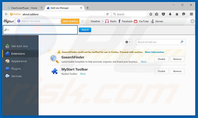Rimuovere ClearScreen Player adware da Mozilla Firefox step 2