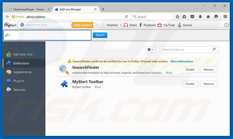 Rimuovere ClearScreen Player adware da Mozilla Firefox step 2